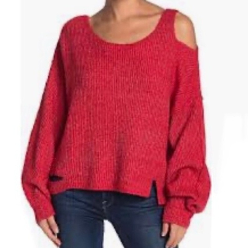 Wildfox Red Cold Shoulder Distressed Knit Sweater Small Relaxed Fit Slouchy